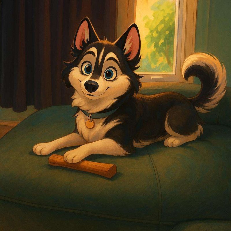 Husky noir et blanc avec un bâton à mâcher, sur un divan