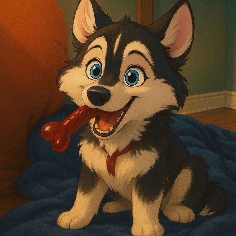 Chiot husky assis avec un os rouge dans la gueule